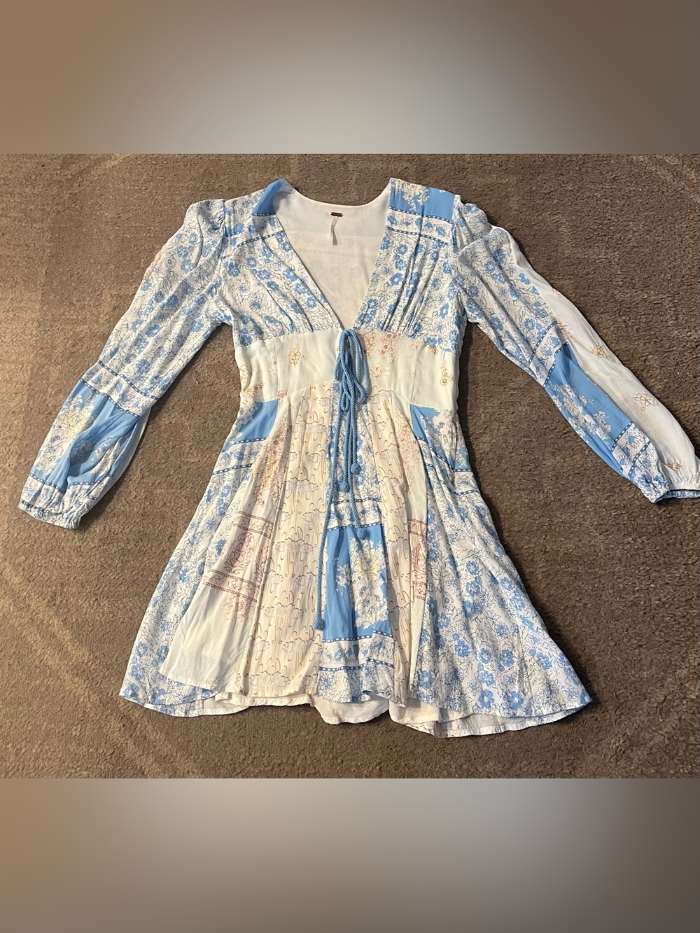 Free People Blue & White Patchwork Tie-Front Long Sleeve Dress